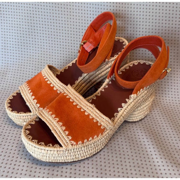 Tory Burch Shoes - Tory Burch Orange Suede Espadrille Wedge Sandals 6.5 Whipstitch Ankle Strap